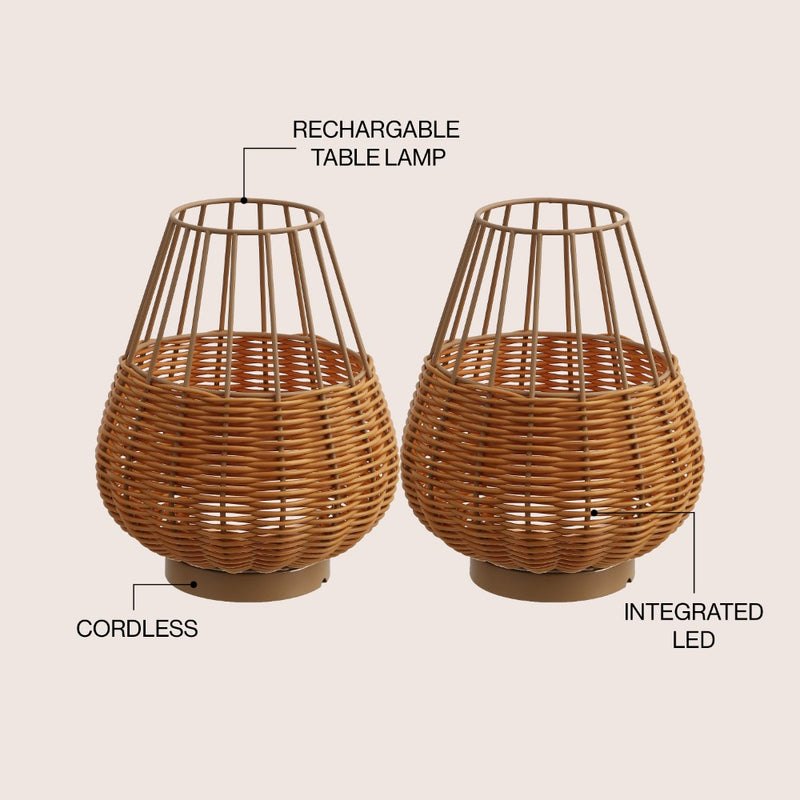 Elian 10" Modern Rustic Decorative Indoor/Outdoor Faux Wicker Rechargeable/Cordless Dimmable Integrated LED Table Lamp, Set of 2