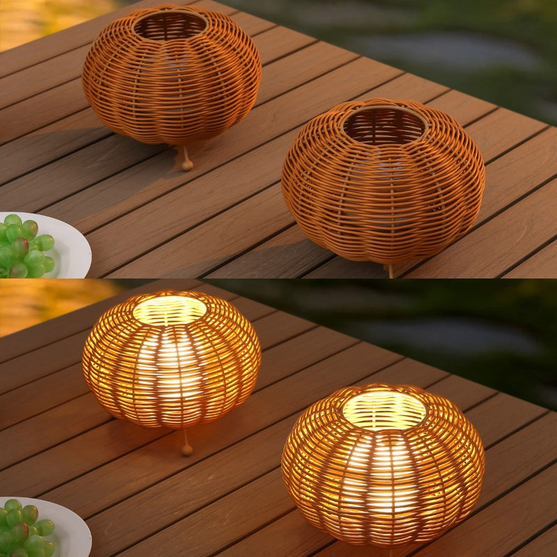 Kairi 5.75" Modern Bohemian Indoor/Outdoor Faux Rattan Lantern Rechargeable/Cordless Dimmable Integrated LED Table Lamp Set 2