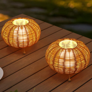 Kairi 5.75" Modern Bohemian Indoor/Outdoor Faux Rattan Lantern Rechargeable/Cordless Dimmable Integrated LED Table Lamp Set 2