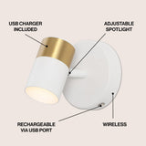 Paola 6" 1-Light Modern Adjustable Head Integrated Dimmable LED Rechargeable Wall Spotlight with Touch Sensor - JONATHAN Y