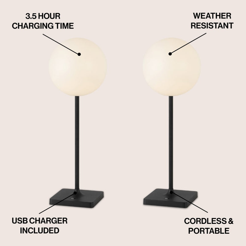 Allie 17.5" Modern Minimalist Indoor/Outdoor Metal Globe Rechargeable/Cordless Dimmable Integrated LED Table Lamp with Touch Sensor Set 2
