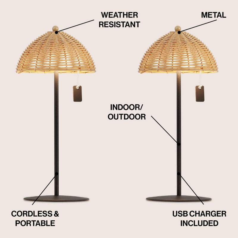 Tilly 12.75" Modern Coastal Indoor/Outdoor Wicker Shade Rechargeable/Cordless Dimmable Integrated LED Table Lamp Set 2