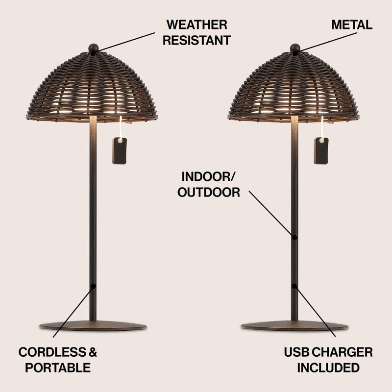 Tilly 12.75" Modern Coastal Indoor/Outdoor Wicker Shade Rechargeable/Cordless Dimmable Integrated LED Table Lamp Set 2