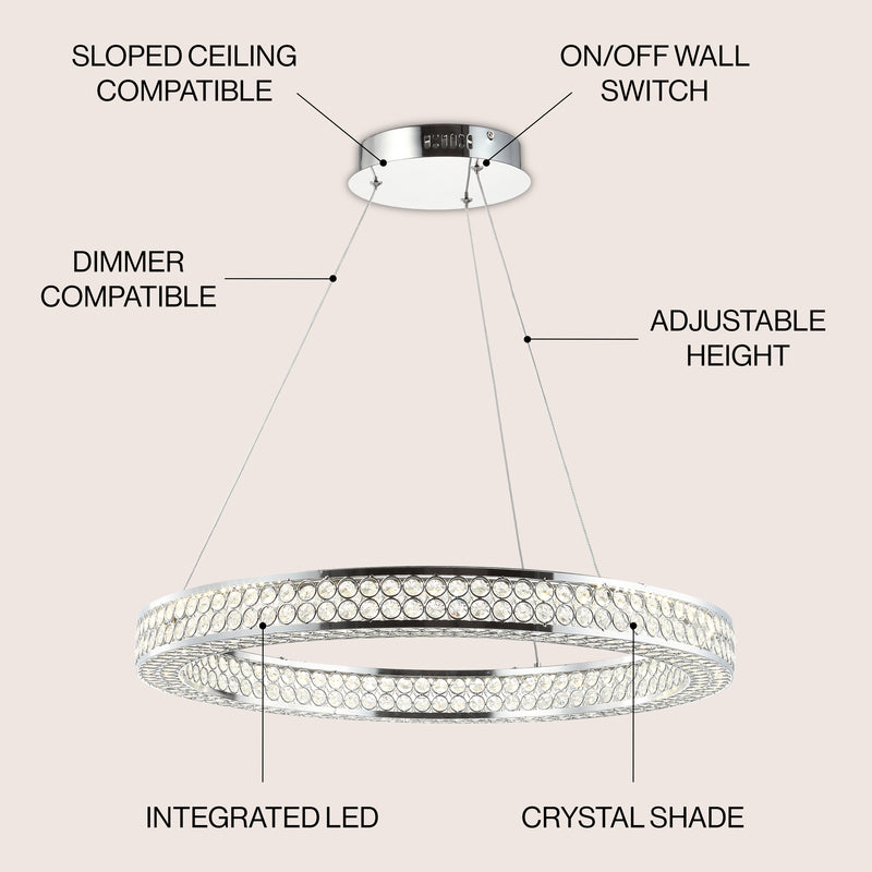 Benton 24.7" Round Integrated LED Crystal/Metal Pendant - JONATHAN Y