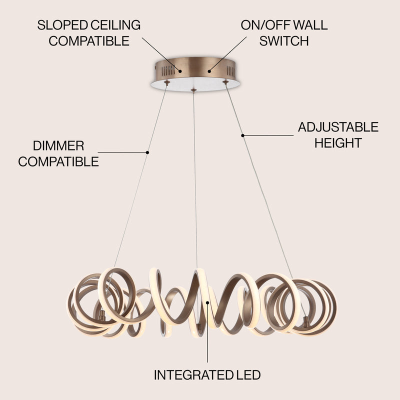 Cursive 24" Adjustable Spiral Integrated LED Metal Chandelier Ceiling Light - JONATHAN Y