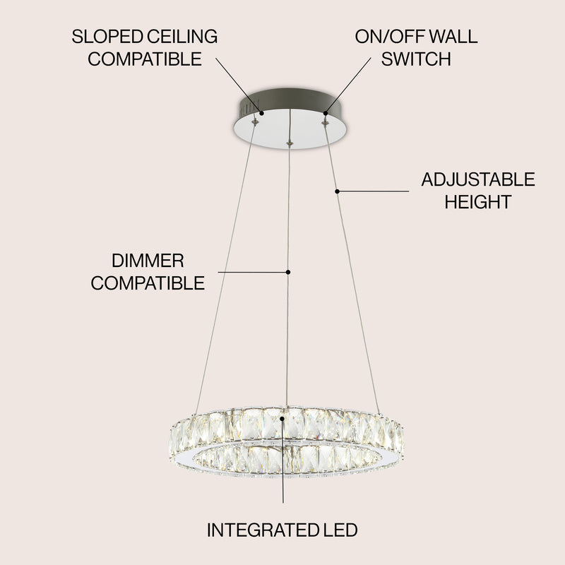 Reese 15.7" Adjustable Integrated LED Metal/Crystal Pendant Pendant - JONATHAN Y