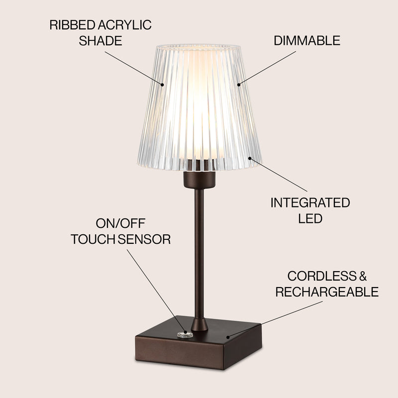 Oscar 12.5" Modern Industrial Rechargeable/Cordless Iron/Acrylic Integrated LED Table Lamp with Ribbed Shade