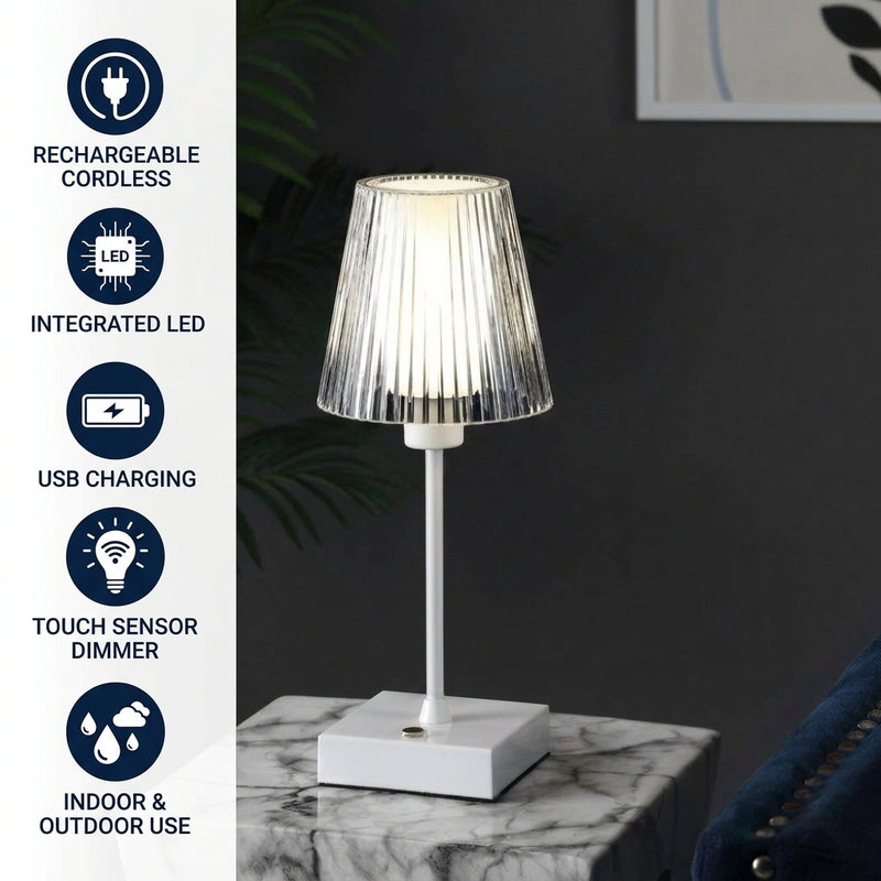 Oscar 12.5" Modern Industrial Rechargeable/Cordless Iron/Acrylic Integrated LED Table Lamp with Ribbed Shade White – ICONS