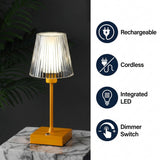 Oscar 12.5" Modern Industrial Rechargeable/Cordless Iron/Acrylic Integrated LED Table Lamp with Ribbed Shade Orange – ICONS
