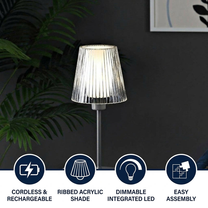 Oscar 12.5" Modern Industrial Rechargeable/Cordless Iron/Acrylic Integrated LED Table Lamp with Ribbed Shade Gray – ICONS