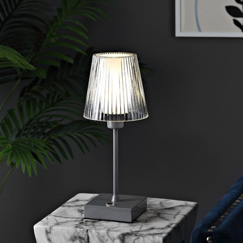 Oscar 12.5" Modern Industrial Rechargeable/Cordless Iron/Acrylic Integrated LED Table Lamp with Ribbed Shade