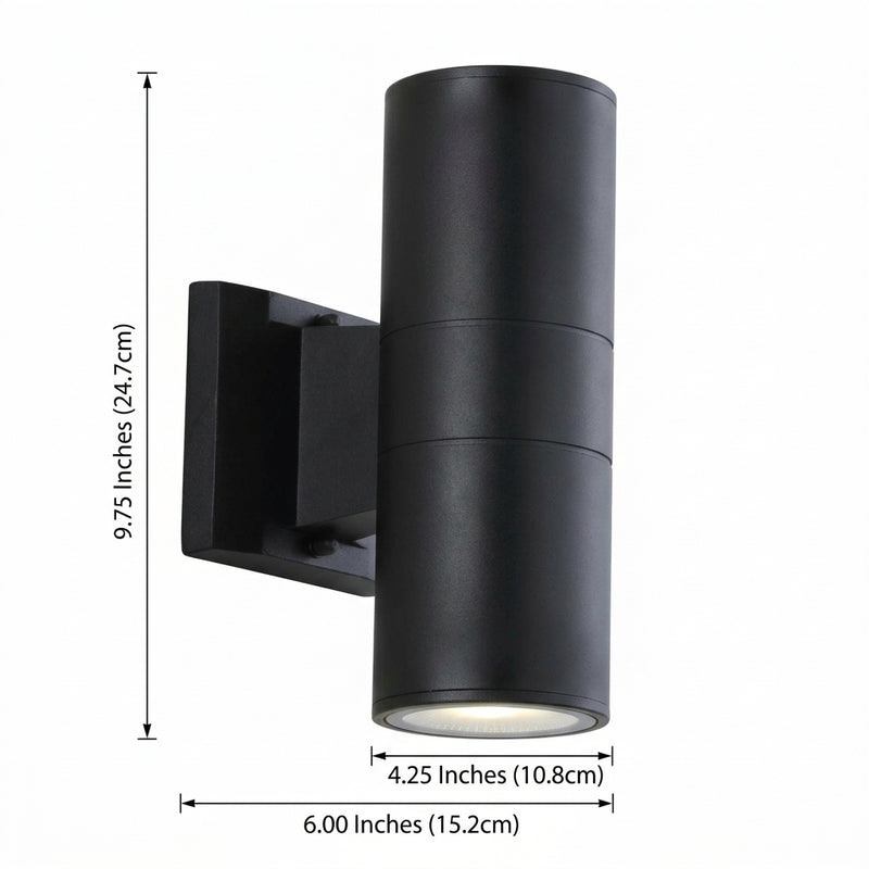 Duo 6" Modern Midcentury Cylinder Outdoor Metal/Glass Integrated LED Wall Sconce with Uplight Black / 2 Sockets – DIM