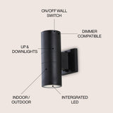 Duo 6" Modern Midcentury Cylinder Outdoor Metal/Glass Integrated LED Wall Sconce with Uplight - JONATHAN Y