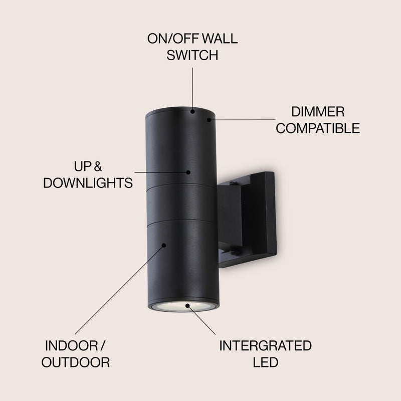 Duo 6" Modern Midcentury Cylinder Outdoor Metal/Glass Integrated LED Wall Sconce with Uplight - JONATHAN Y