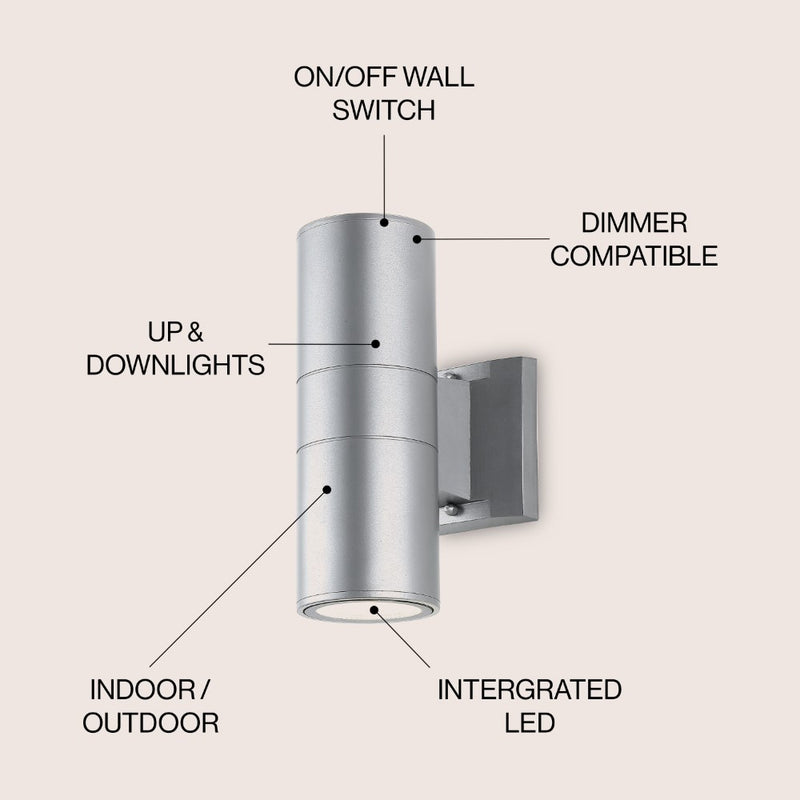 Duo 6" Modern Midcentury Cylinder Outdoor Metal/Glass Integrated LED Wall Sconce with Uplight - JONATHAN Y