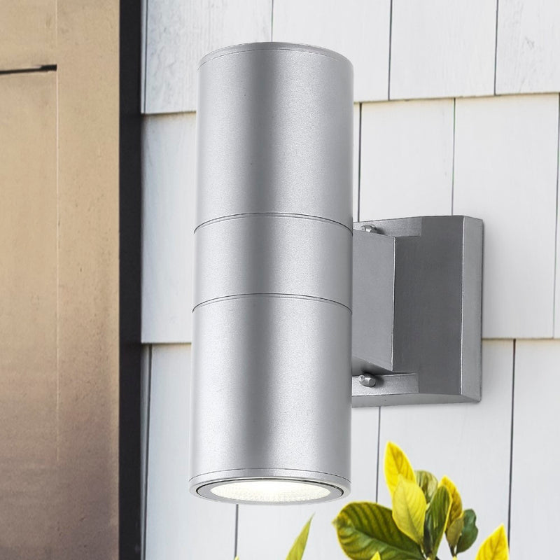 Duo 6" Modern Midcentury Cylinder Outdoor Metal/Glass Integrated LED Wall Sconce with Uplight - JONATHAN Y