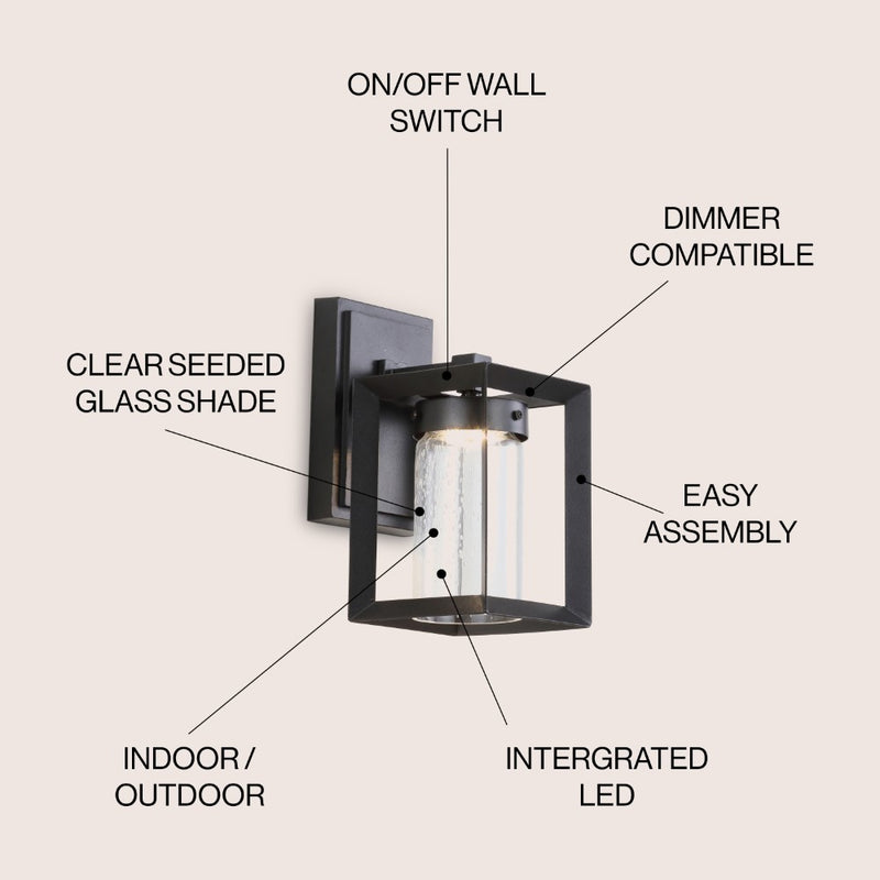 Nate 6.75" Outdoor Modern Cube Bubble Glass/Metal Integrated LED Wall Sconce - JONATHAN Y