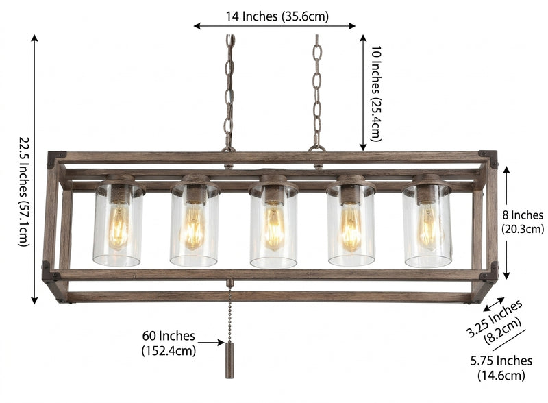 Zeniba  36" Linear Adjustable Iron/Seeded Glass Rustic Farmhouse LED Pendant Brown / 5 Sockets – DIM