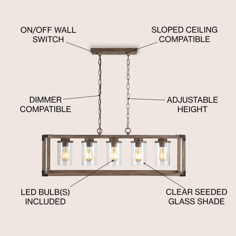Zeniba  36" Linear Adjustable Iron/Seeded Glass Rustic Farmhouse LED Pendant - JONATHAN Y
