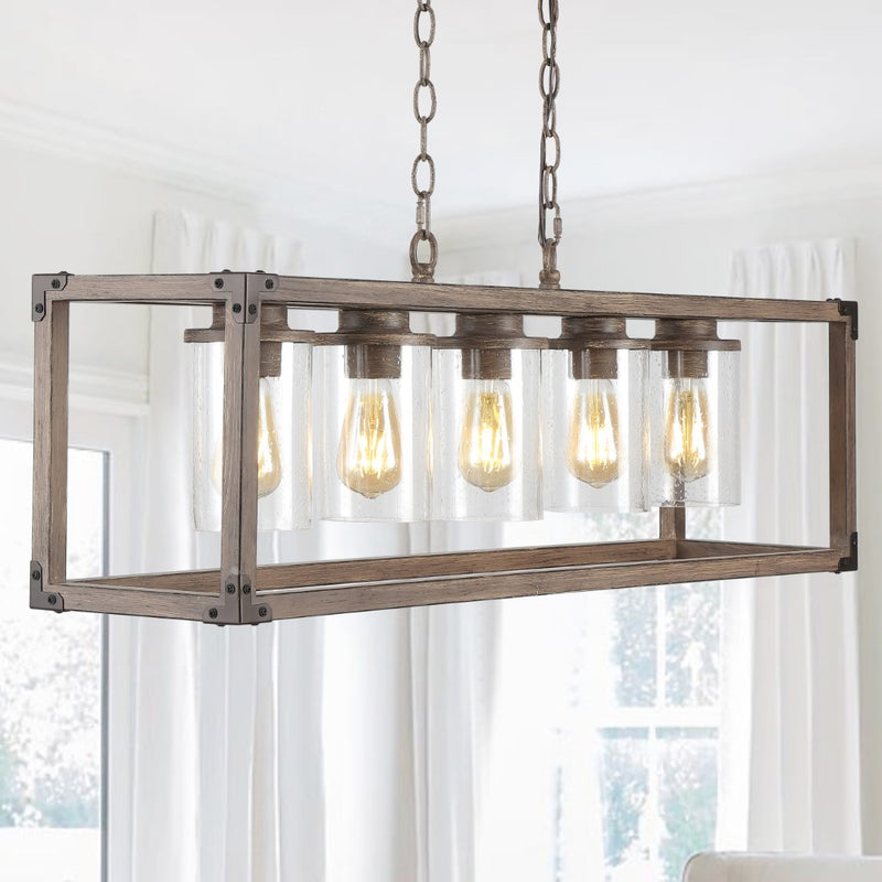 Zeniba  36" Linear Adjustable Iron/Seeded Glass Rustic Farmhouse LED Pendant - JONATHAN Y