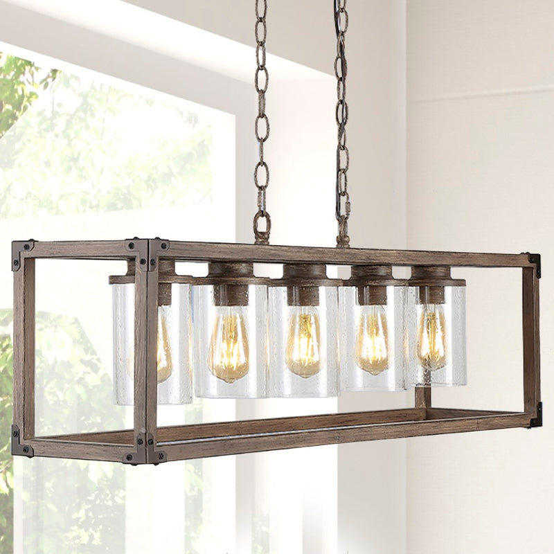 Zeniba  36" Linear Adjustable Iron/Seeded Glass Rustic Farmhouse LED Pendant - JONATHAN Y