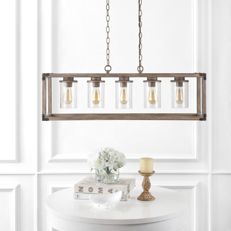 Zeniba  36" Linear Adjustable Iron/Seeded Glass Rustic Farmhouse LED Pendant - JONATHAN Y