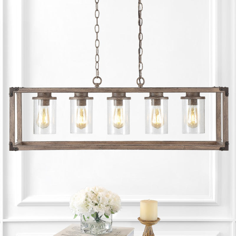Zeniba  36" Linear Adjustable Iron/Seeded Glass Rustic Farmhouse LED Pendant - JONATHAN Y