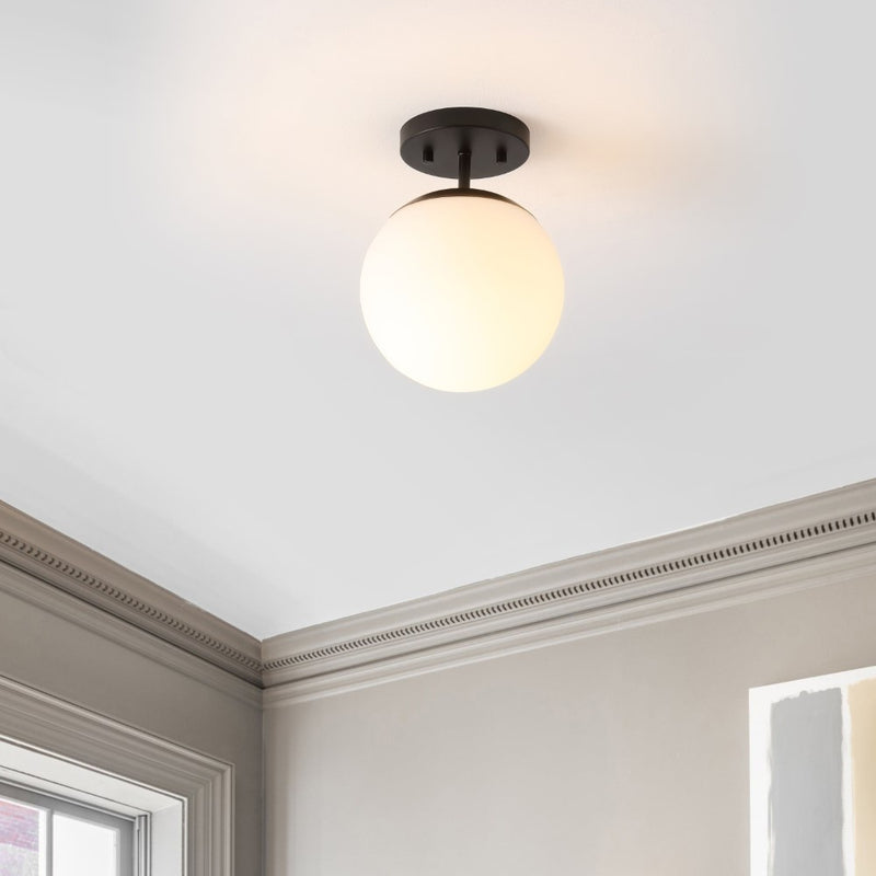 Marcel Bistro 7.75" Bohemian Farmhouse Iron/Frosted Glass LED Semi Flush Mount - JONATHAN Y