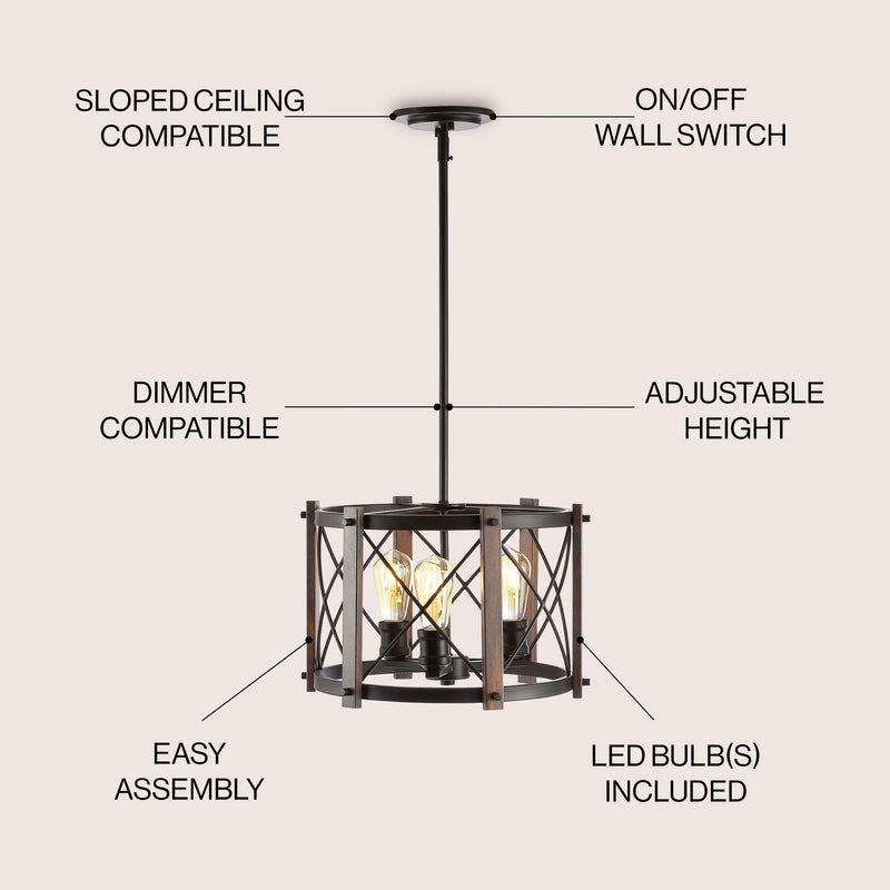 Ferme 16" Adjustable Iron Rustic Farmhouse LED Pendant - JONATHAN Y