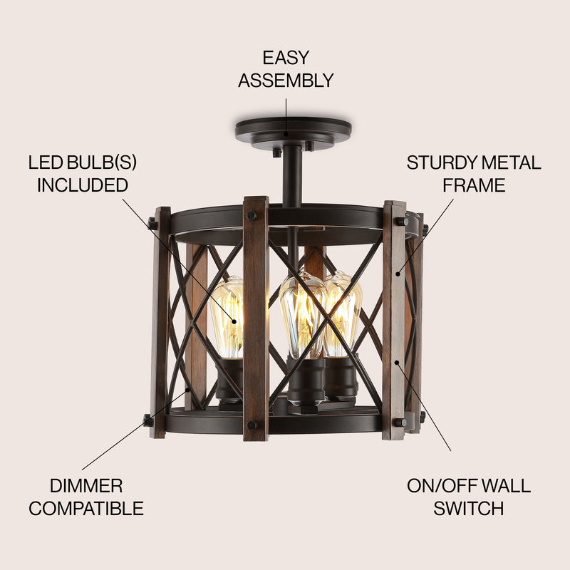 Ferme 14" Iron Rustic Farmhouse LED Flush Mount - JONATHAN Y