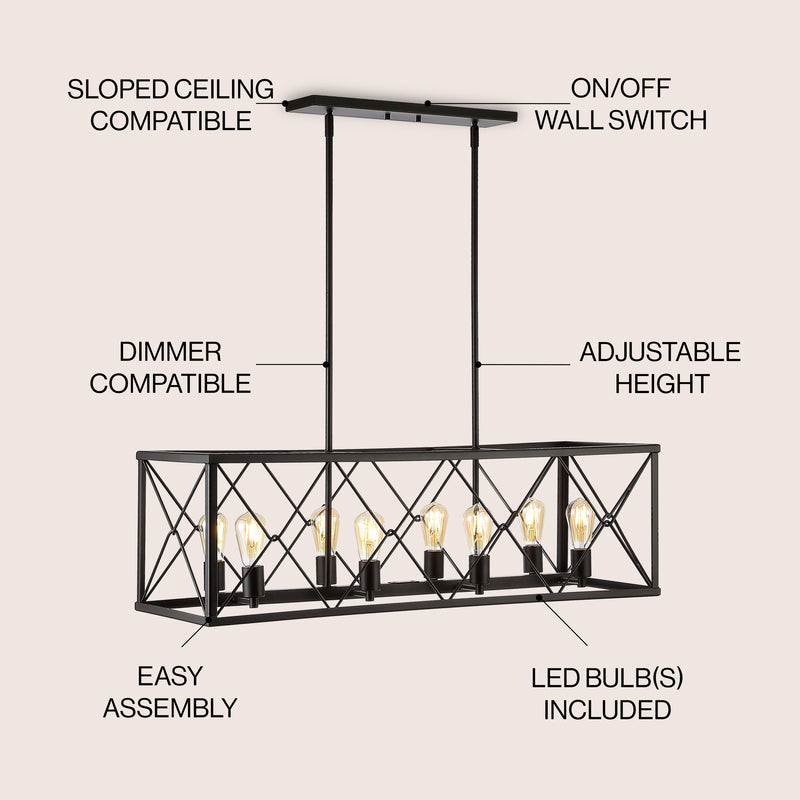 Galax 39" 8-Light Adjustable Iron Farmhouse Industrial LED Dimmable Pendant - JONATHAN Y