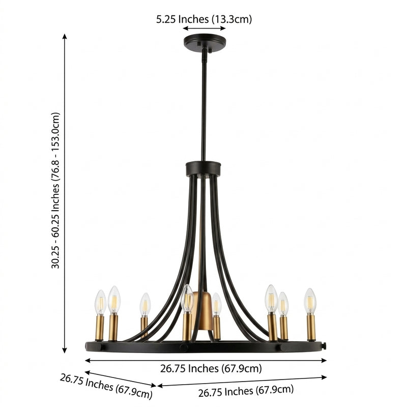 Dante Modern Iron Adjustable Wagon Wheel LED Chandelier with Downlight Black/Brass Gold / 26.75" – DIM