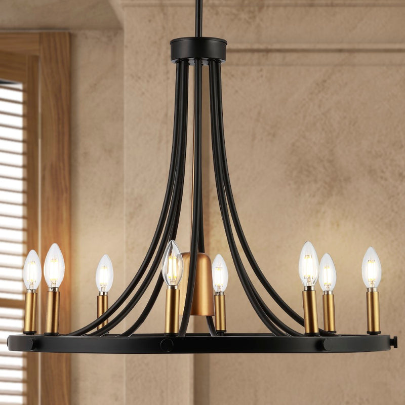 Dante Modern Iron Adjustable Wagon Wheel LED Chandelier with Downlight - JONATHAN Y