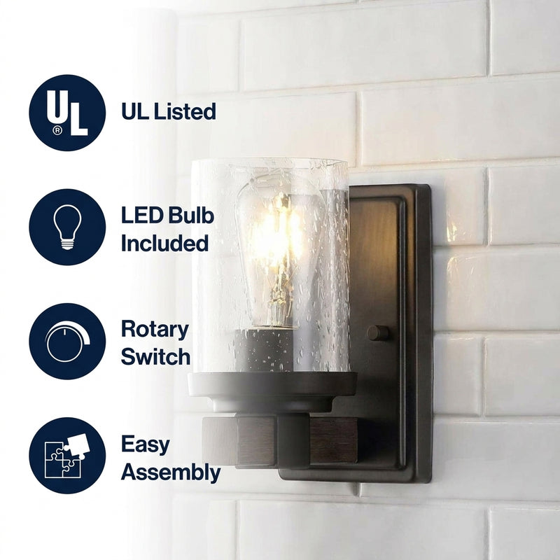 Bungalow Iron/Seeded Glass Rustic Farmhouse LED Vanity Light Oil Rubbed Bronze / 1 Socket – ICONS