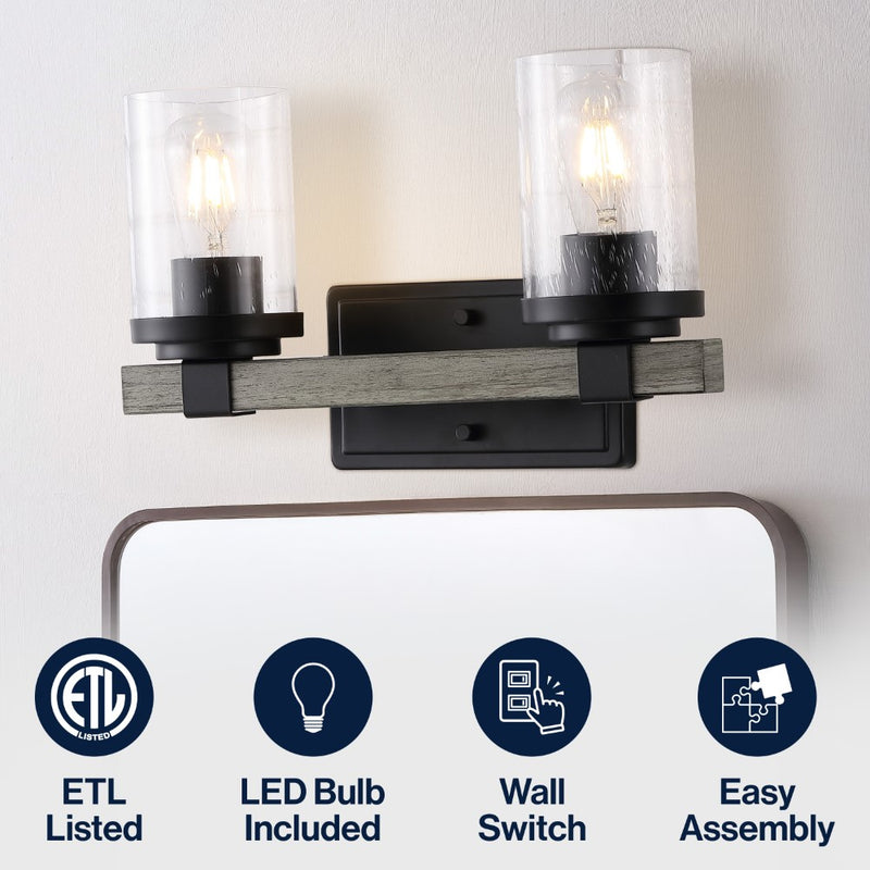 Bungalow Iron/Seeded Glass Rustic Farmhouse LED Vanity Light