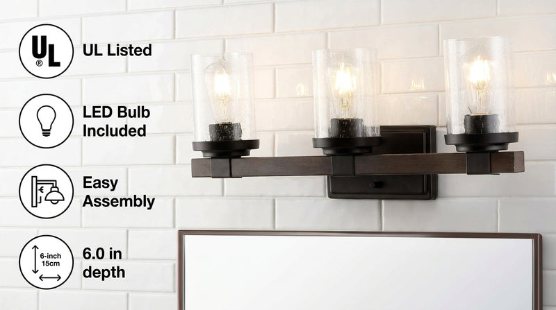 Bungalow Iron/Seeded Glass Rustic Farmhouse LED Vanity Light Oil Rubbed Bronze / 3 Sockets – ICONS
