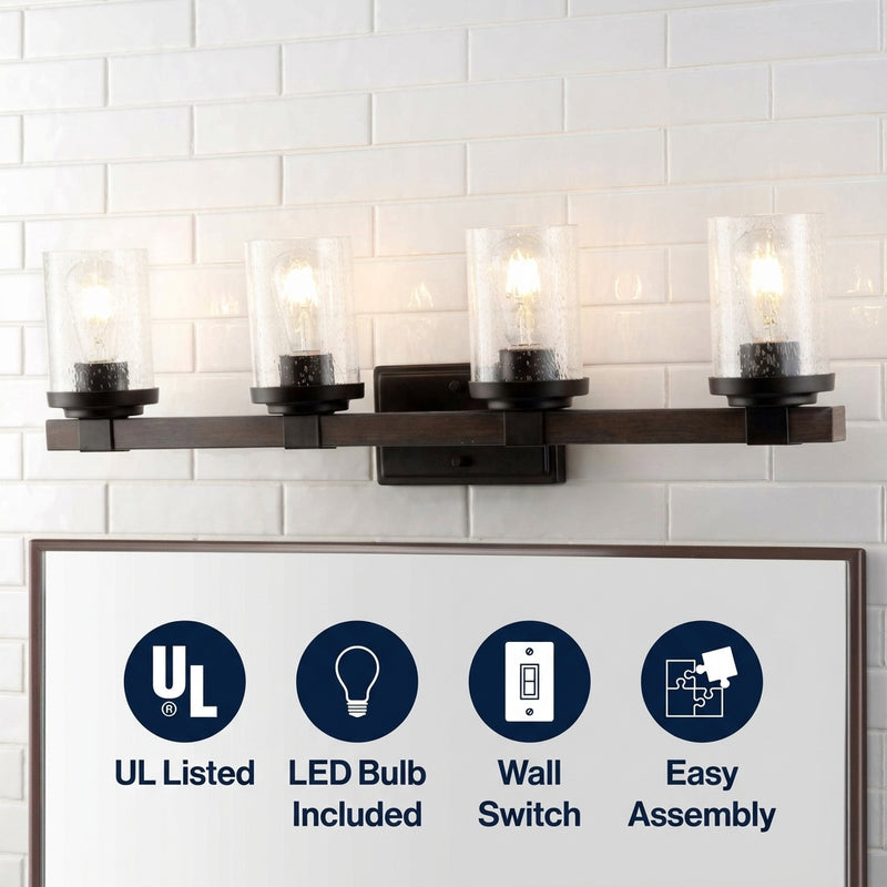 Bungalow Iron/Seeded Glass Rustic Farmhouse LED Vanity Light Oil Rubbed Bronze / 4 Sockets – ICONS