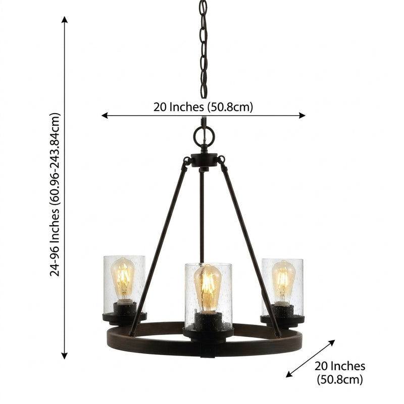 Coronet 20" 3-Light Iron/Seeded Glass Rustic Farmhouse LED Chandelier Oil Rubbed Bronze – DIM