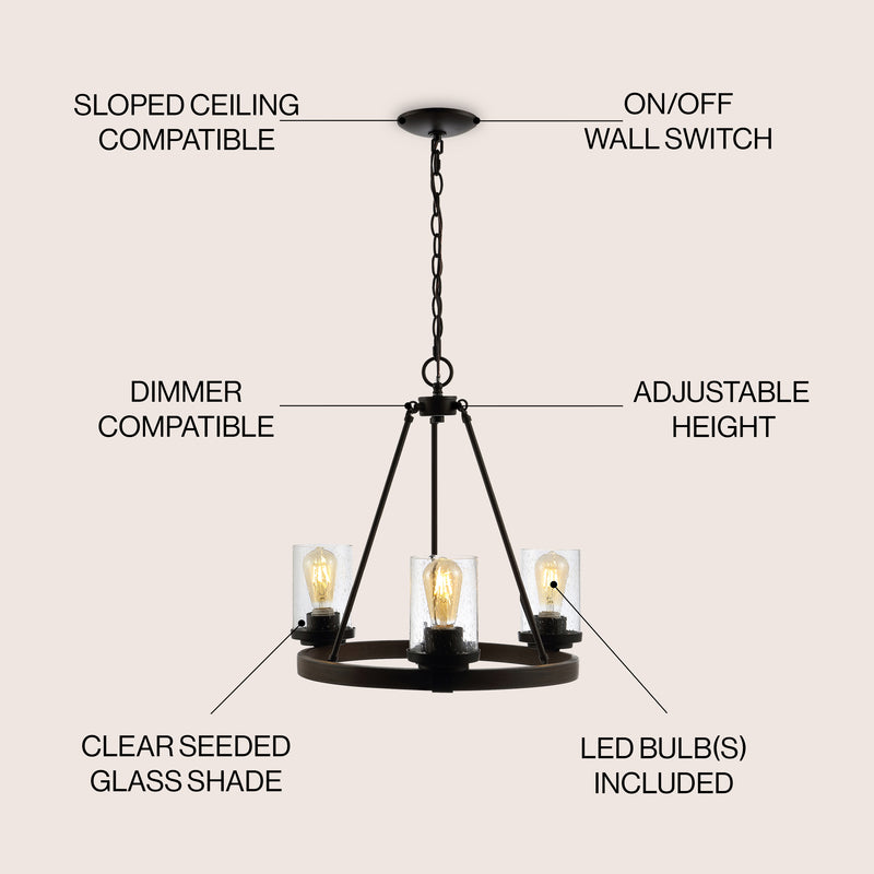 Coronet 20" 3-Light Iron/Seeded Glass Rustic Farmhouse LED Chandelier - JONATHAN Y