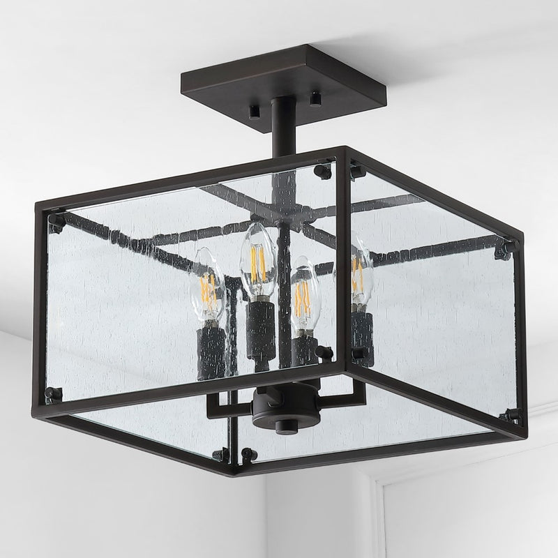 Paysan 13" Iron/Seeded Glass Rustic Farmhouse LED Flush Mount - JONATHAN Y