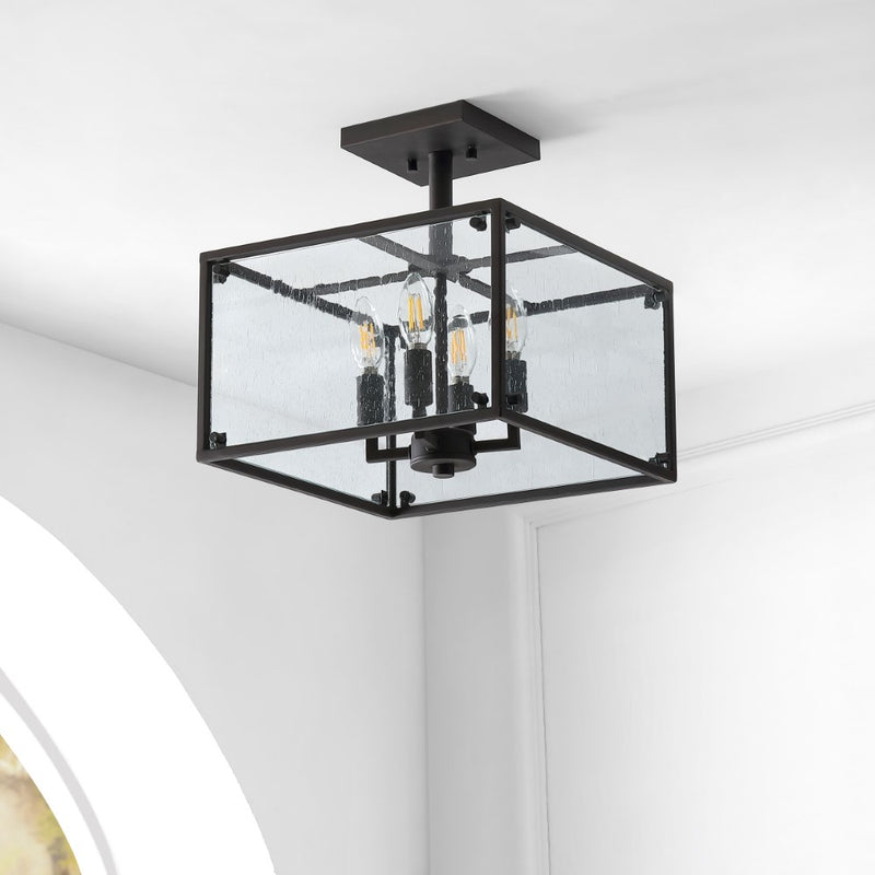 Paysan 13" Iron/Seeded Glass Rustic Farmhouse LED Flush Mount - JONATHAN Y