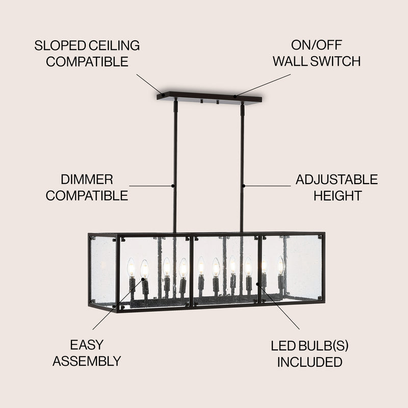 Paysan 35" Linear Adjustable Iron/Seeded Glass Rustic Farmhouse LED Pendant - JONATHAN Y