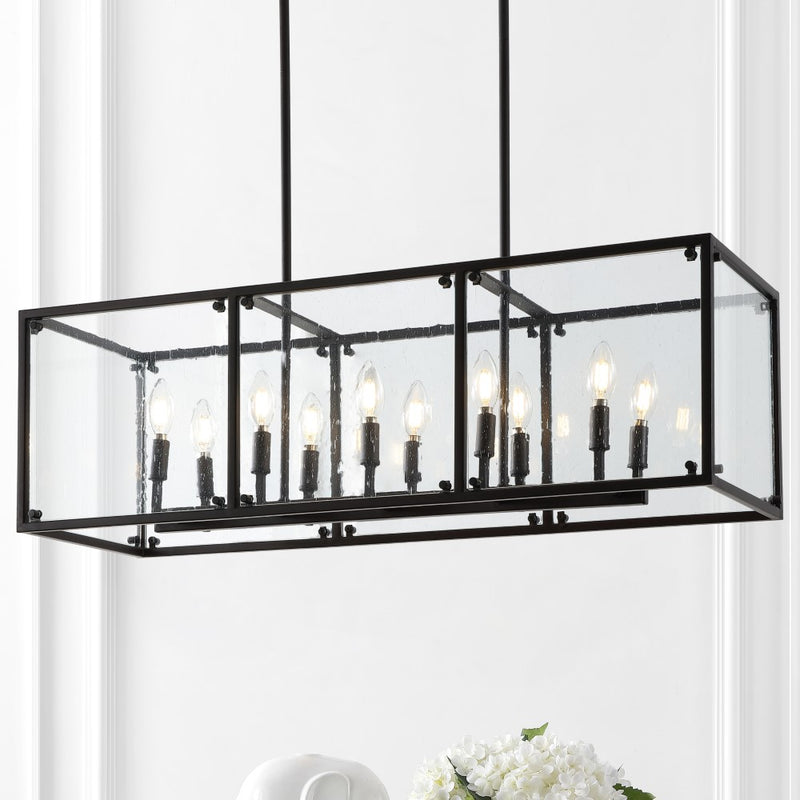 Paysan 35" Linear Adjustable Iron/Seeded Glass Rustic Farmhouse LED Pendant - JONATHAN Y