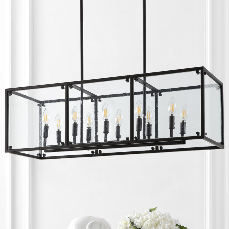 Paysan 35" Linear Adjustable Iron/Seeded Glass Rustic Farmhouse LED Pendant - JONATHAN Y