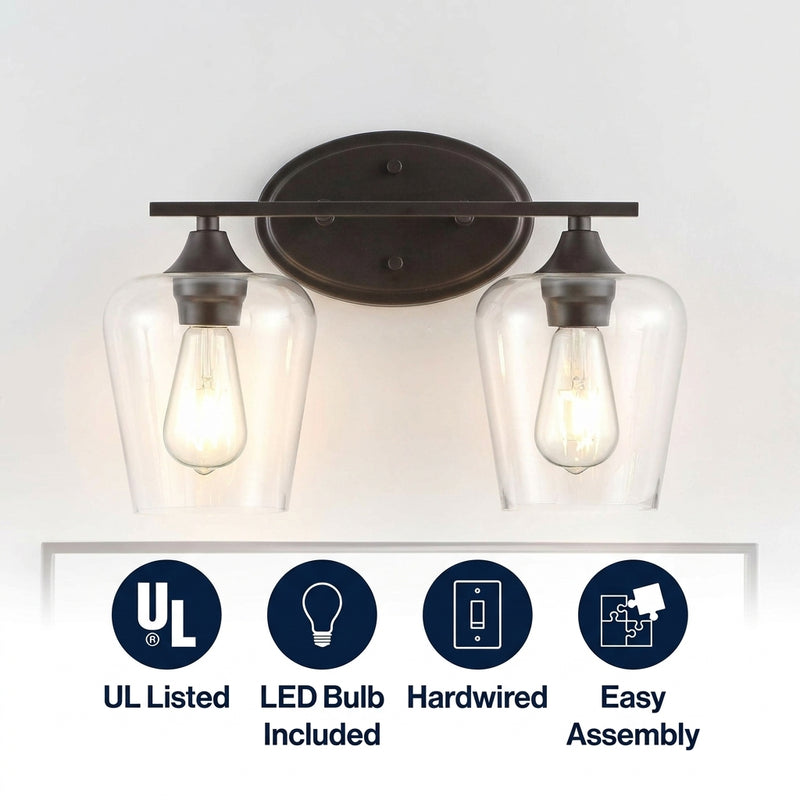 Jayne Iron/Glass Cottage Rustic LED Vanity Light Oil Rubbed Bronze / 2 Sockets – ICONS