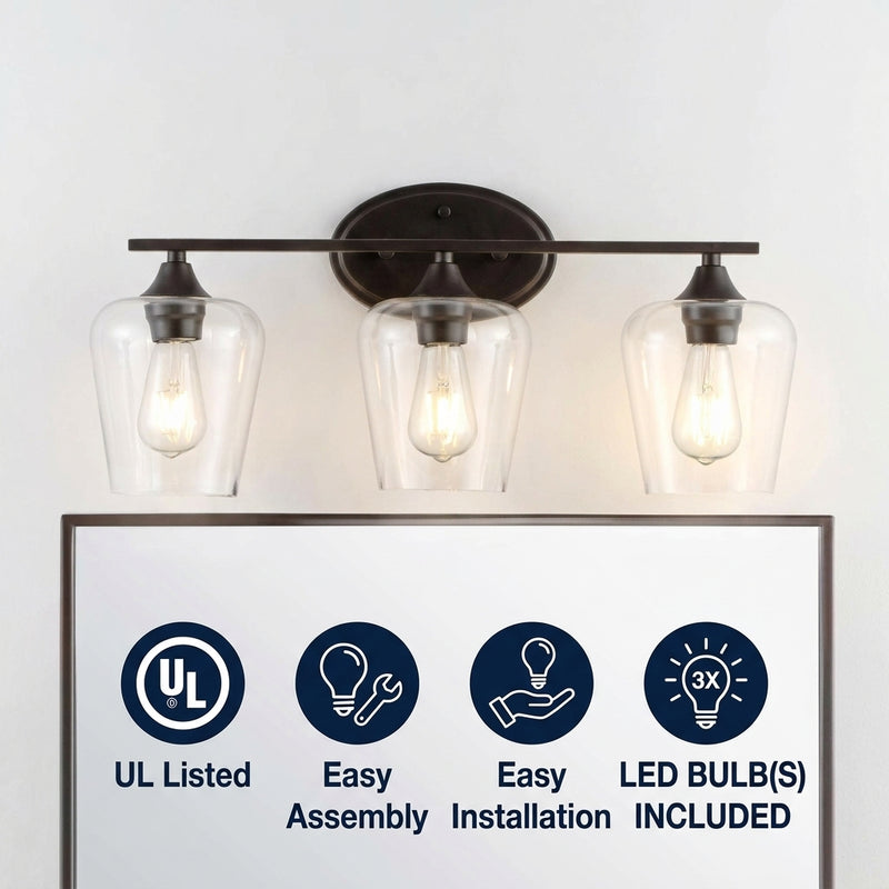 Jayne Iron/Glass Cottage Rustic LED Vanity Light Oil Rubbed Bronze / 3 Sockets – ICONS