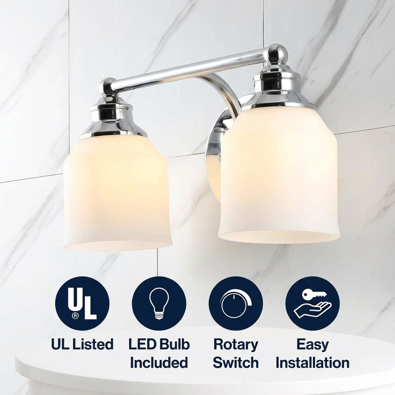 Lydia Iron/Frosted Glass Farmhouse Cottage LED Vanity Light Chrome / 2 Sockets – ICONS