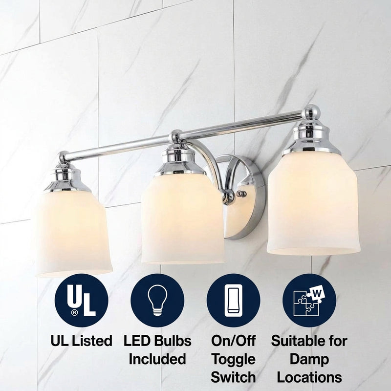 Lydia Iron/Frosted Glass Farmhouse Cottage LED Vanity Light Chrome / 3 Sockets – ICONS