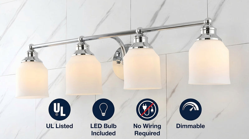 Lydia Iron/Frosted Glass Farmhouse Cottage LED Vanity Light Chrome / 4 Sockets – ICONS