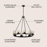 Coronet Iron/Seeded Glass Rustic Farmhouse LED Chandelier - JONATHAN Y